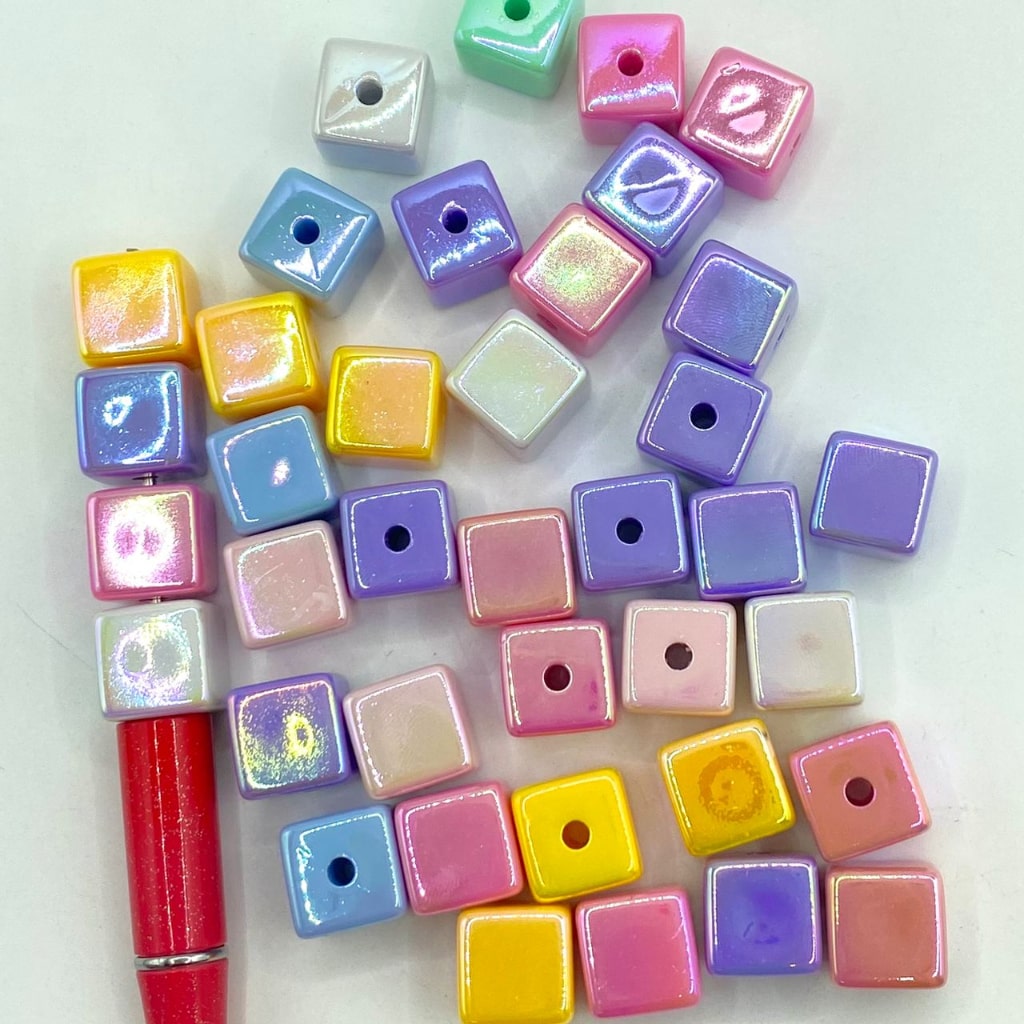 Glossy Candy Color Cube at Square Acrylic Beads na May UV Finish ,14mm,Random Mix,TT