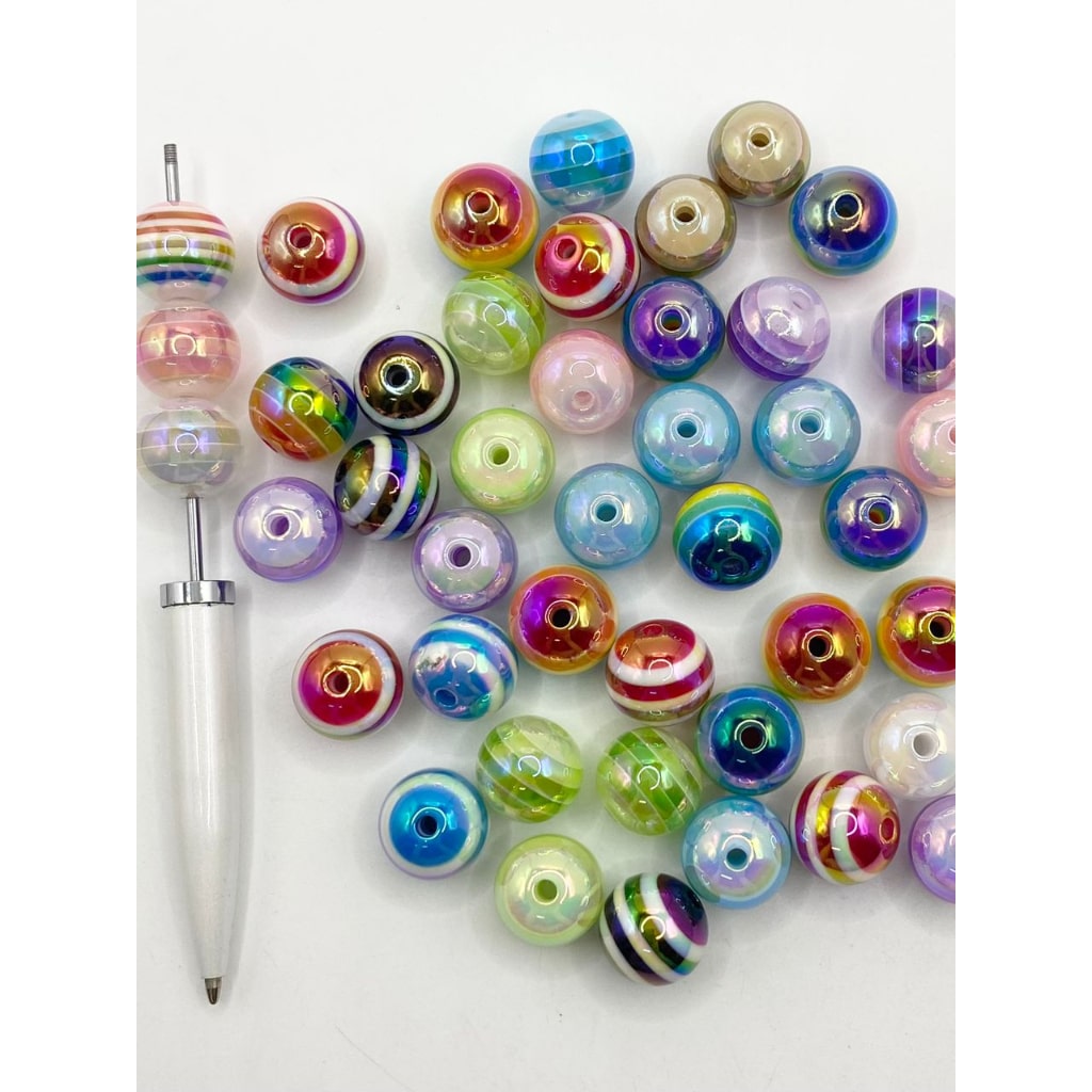 Glossy Rainbow & Multicolor Stripe Acrylic Beads with UV Finish ,16mm,Random Mix,TT