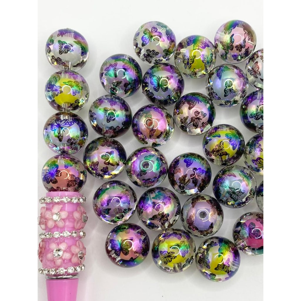 Clear at Black See-Thru Double Layer Acrylic Beads na May Butterfly Printed ,16mm,Random Mix