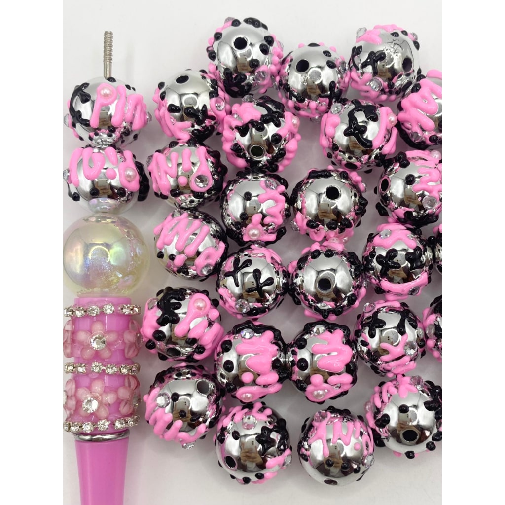 Silver Acrylic Beads na May Pink at Black Hand Printed at Pearl sa ibabaw ,16mm,DP