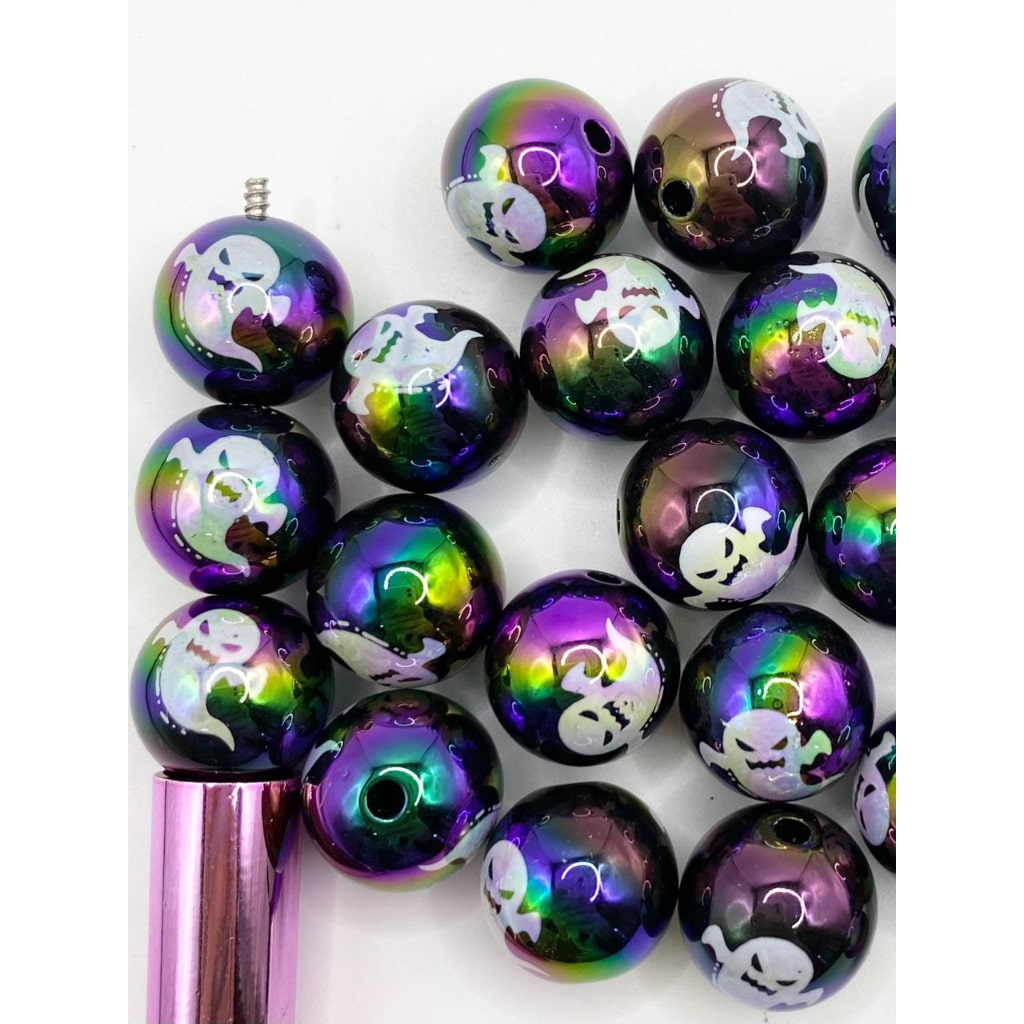 Halloween Ghost Printed Black Color Acrylic Beads na may UV Finish ,16mm,WQ