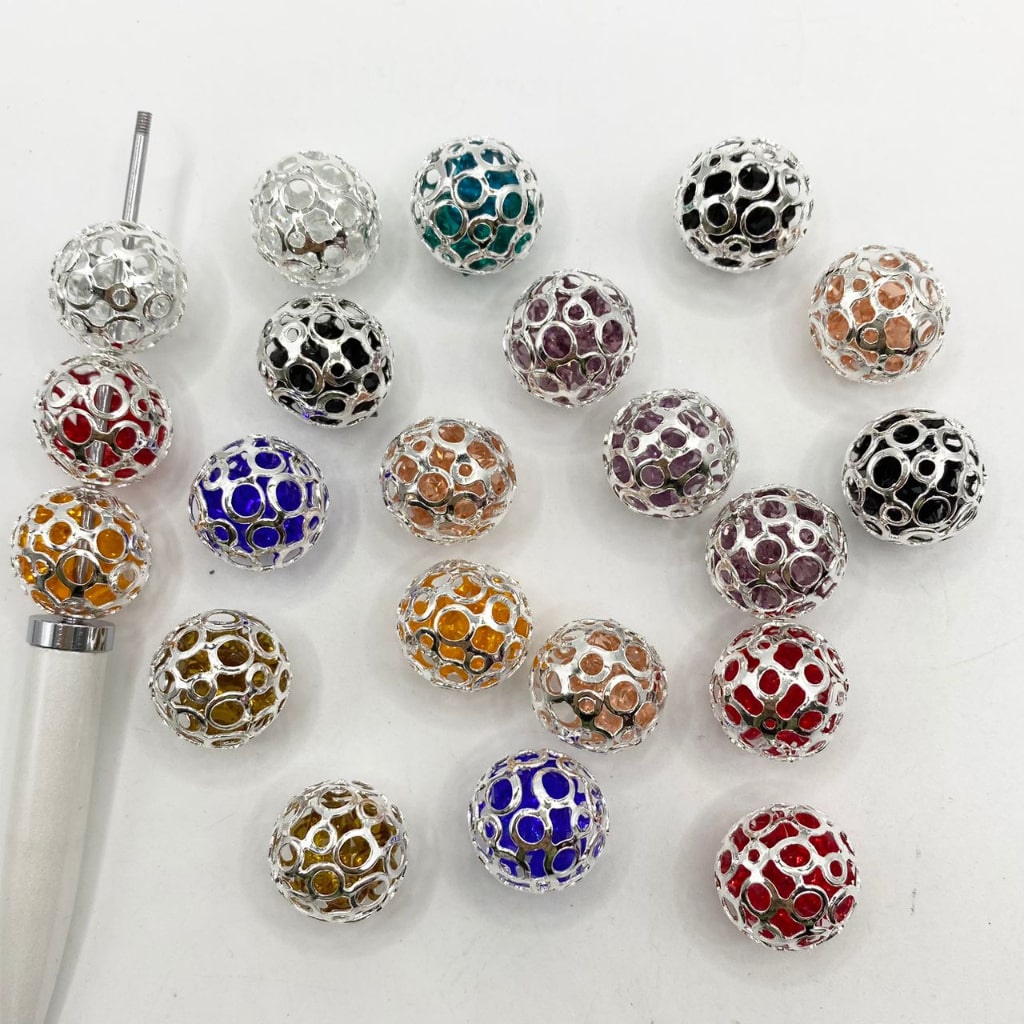 Round Shaped Hollow Metal Beads Filled Acrylic Rhinestone ,16mm,Random Mix