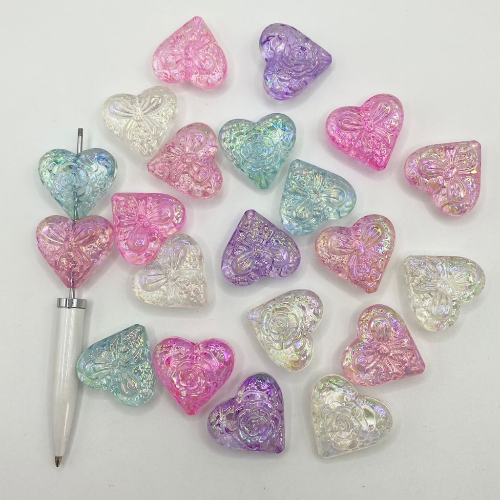 Clear See Thru Heart Shape Acrylic Beads With Rose Flower & Bowknot ,27mm by 29mm ,Random Mix,YY