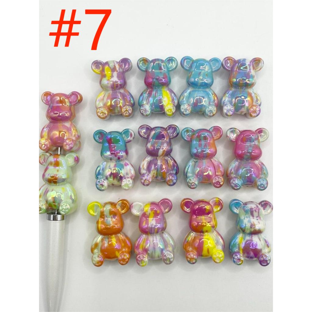 Acrylic Bear Shaped Beads with Marble Pattern in Various Colors, Random Mix