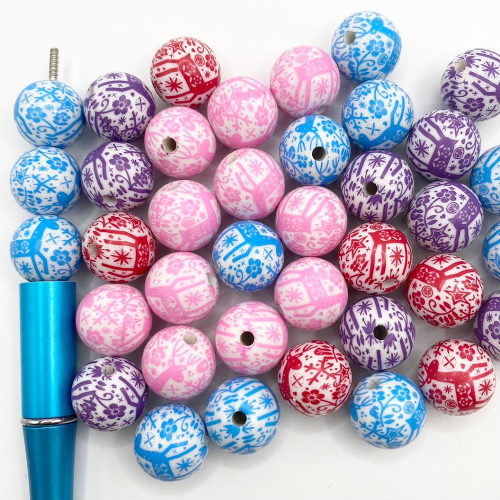Cute Deer at Bulaklak at Snowflake Printed Beads ,16mm,Random Mix,YH