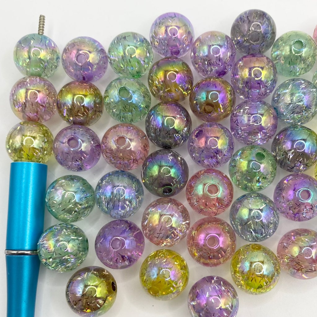 Makintab na Silver Confetti Sa Loob ng Acrylic Beads na May UV Finish,16mm,Random Mix,QZ