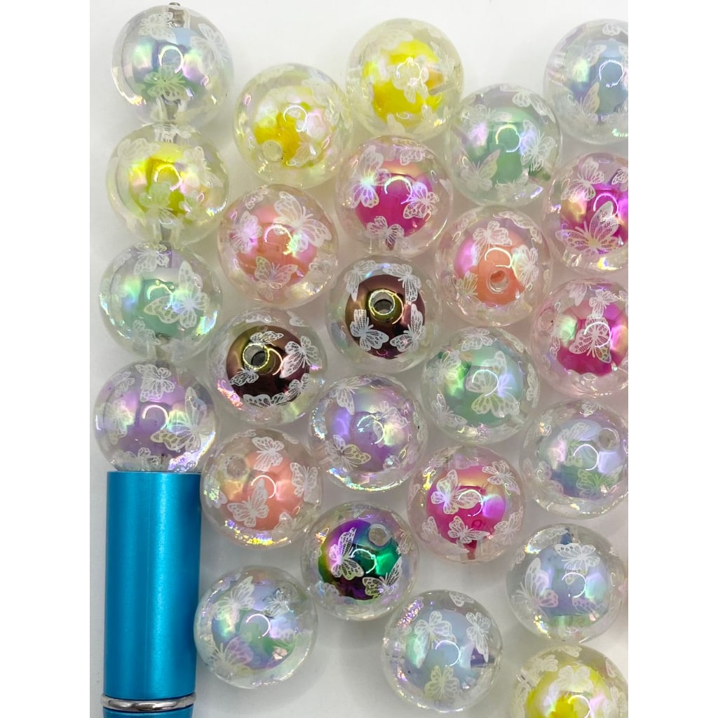 Clear at Black See-Thru Double Layer Acrylic Beads na May Butterfly Printed ,16mm,Random Mix
