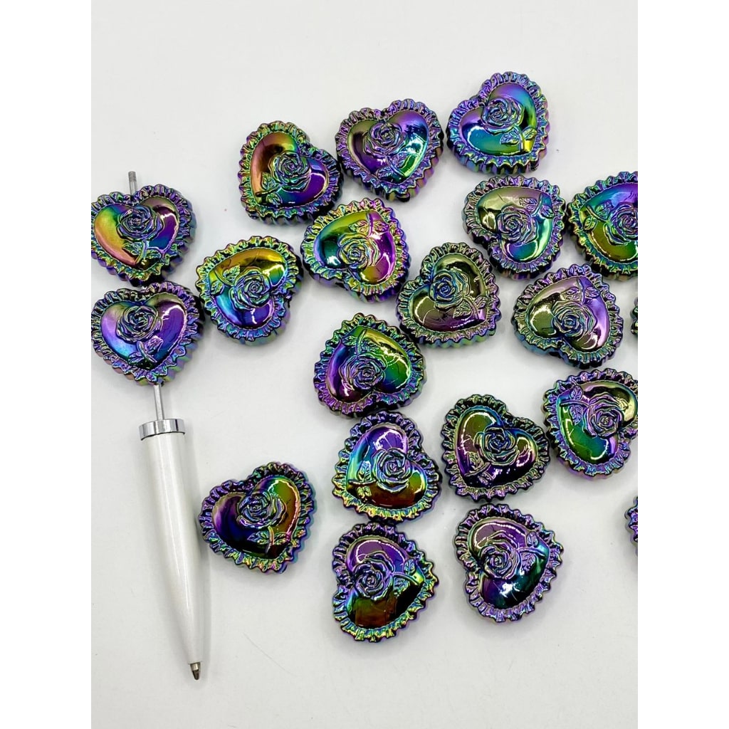 Glossy Black Heart Shape & Rose Inside Acrylic Beads With UV Finish ,25mm by 28mm ,YY