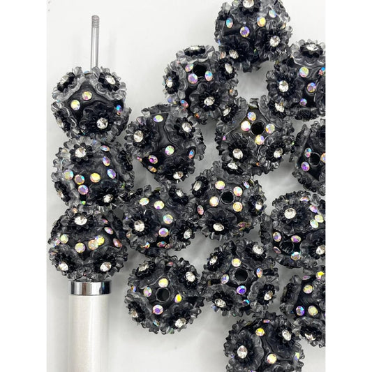 Black Fancy Clay Beads na May Dobleng Bulaklak na nakakabit sa Clear Rhinestone sa Gitna At AB Rhinestone Sa Kidlat,20mm,ZY