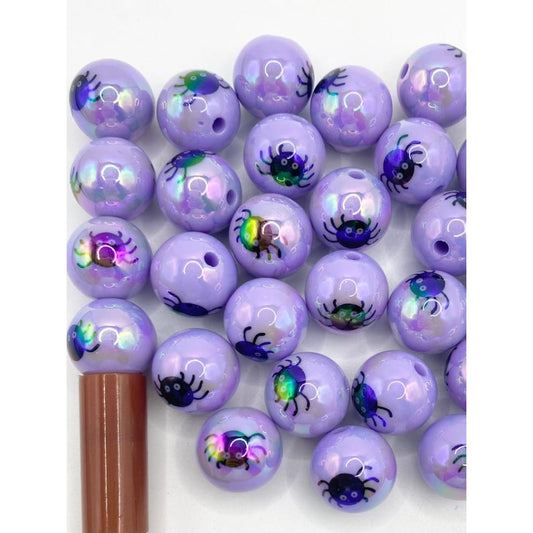 Halloween Spider Printed Purple Acrylic Beads With UV Finish ,16mm, Random Mix