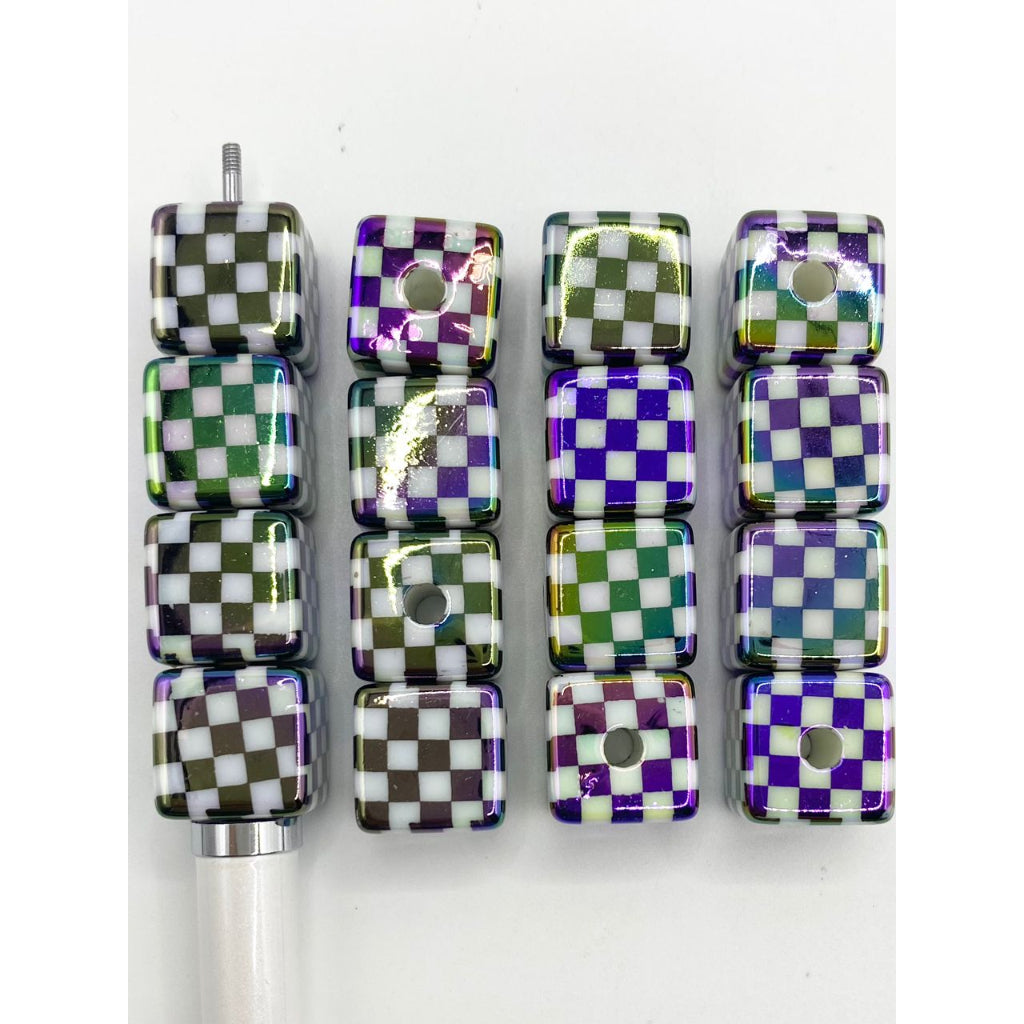Glossy Checkboard Cube & Square Acrylic Beads With UV Finish ,16mm,XBL