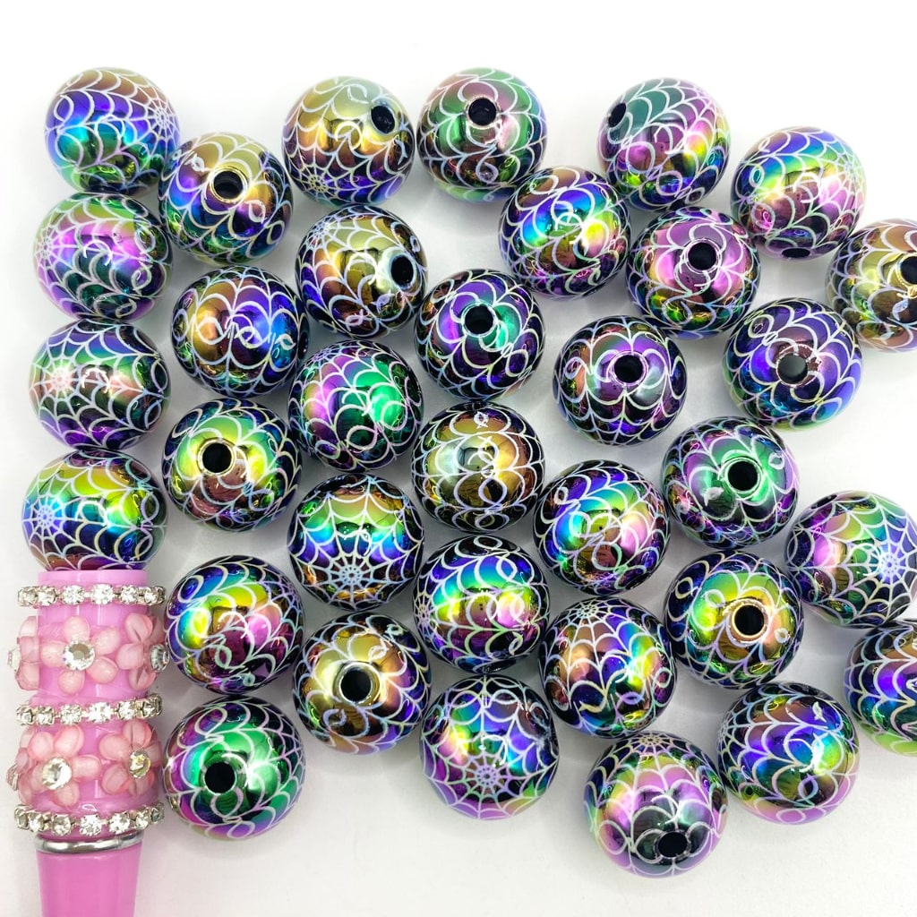 Glossy Web Printed Acrylic Beads na May Dobleng UV Finish ,16mm,Random Mix,SJ