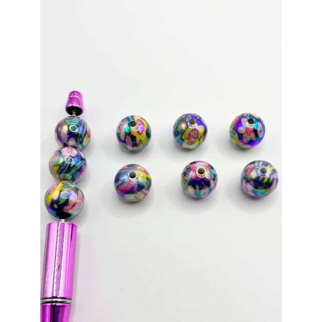 UV Coating Glossy Acrylic Beads with Flower Painted ,16mm,SJ