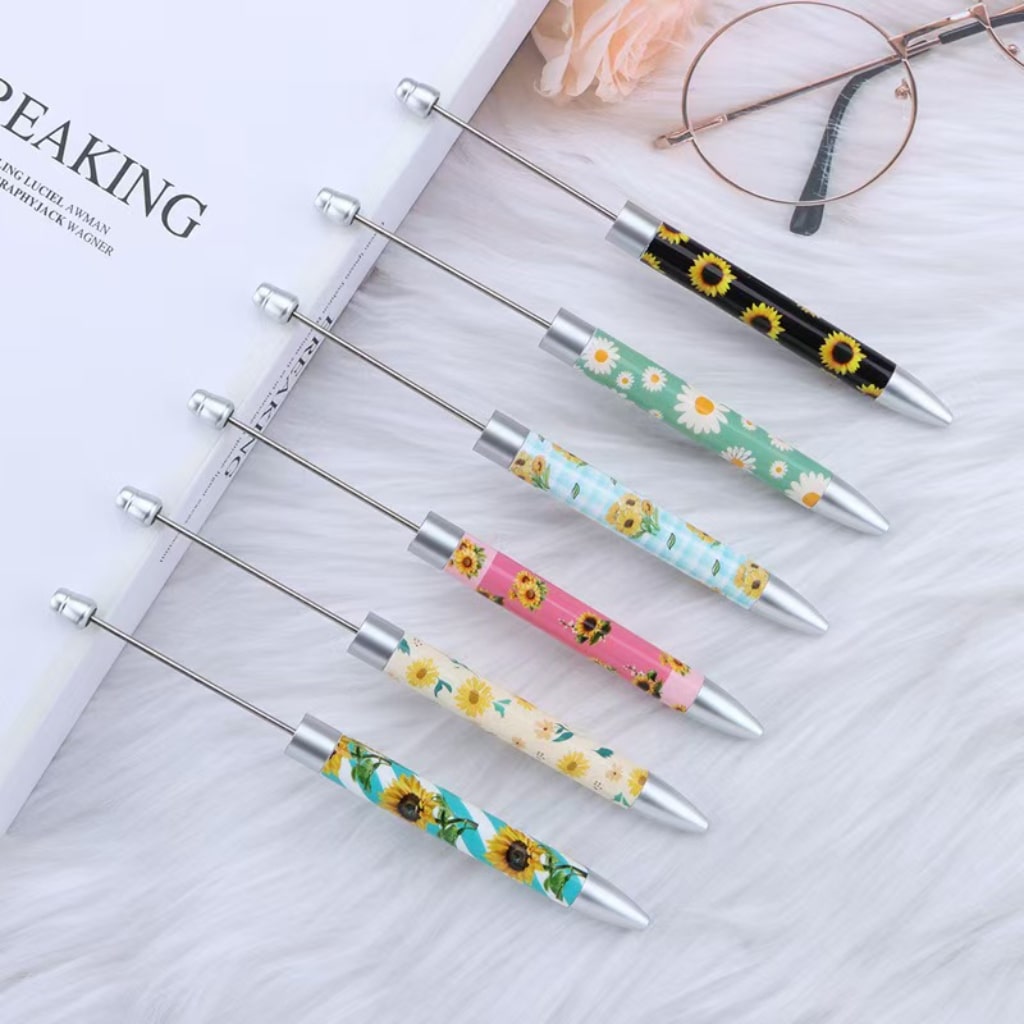 Beadable Plastic Pens with Daisy Flowers Printed ,Random Mix
