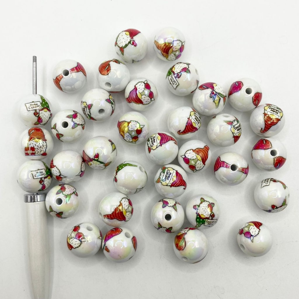 Makintab na Christmas Gnome Prined Acrylic Beads na may UV Finish ,16mm, SJ