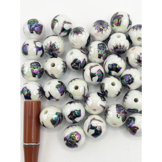 Halloween Bat & Grim Reaper at Spider Web Printed Acrylic Beads With UV Finish ,16mm,Random Mix,WQ