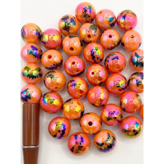 Orange Halloween Jack Face Printed Acrylic Beads na May UV Finish ,16mm,Random Mix,SJ