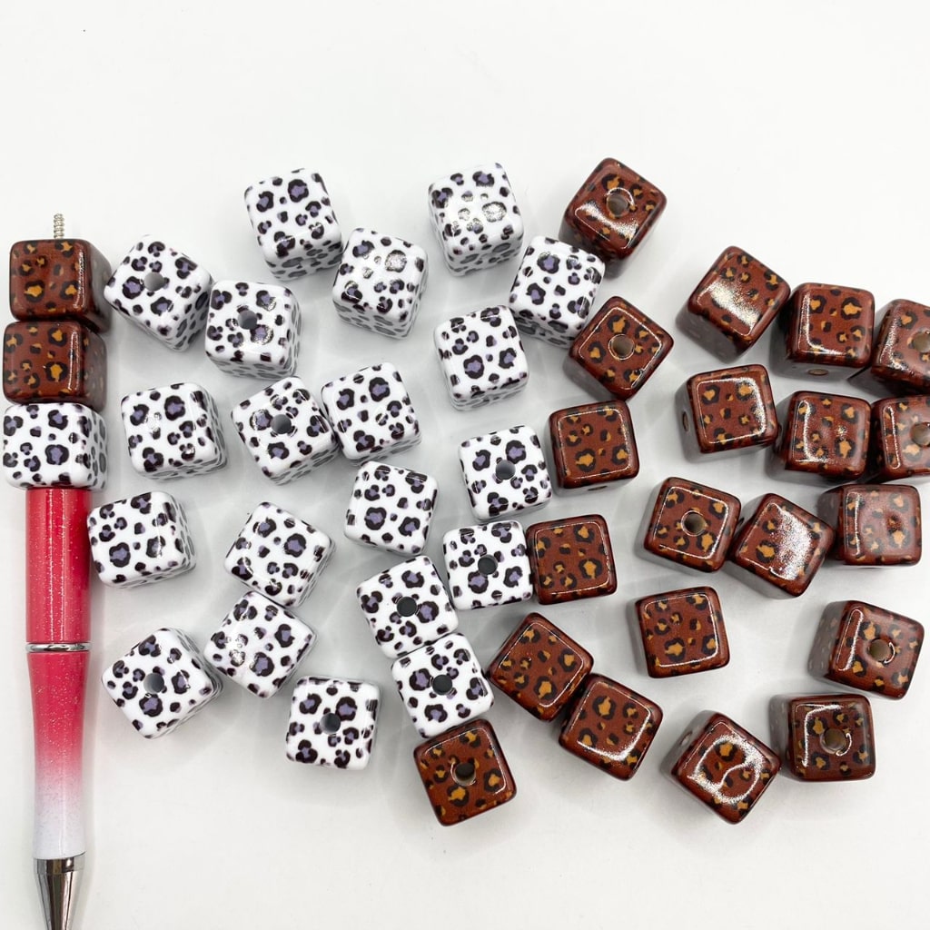 Cow Printed Cube Acrylic Beads ,15mm,White & Brown,SB