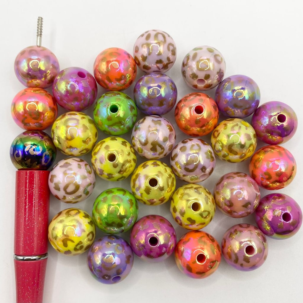 Glossy Colorful Leopard Print Acrylic Beads ,16mm,Random Mix,SJ