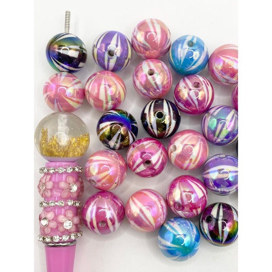 Makintab na Striped Acrylic Beads na May UV Finish ,16mm, Random Mix