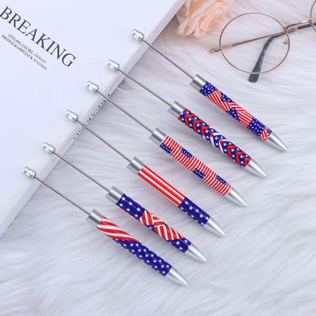 Beadable Plastic Pens with America & US Flag Printed ,Random Mix