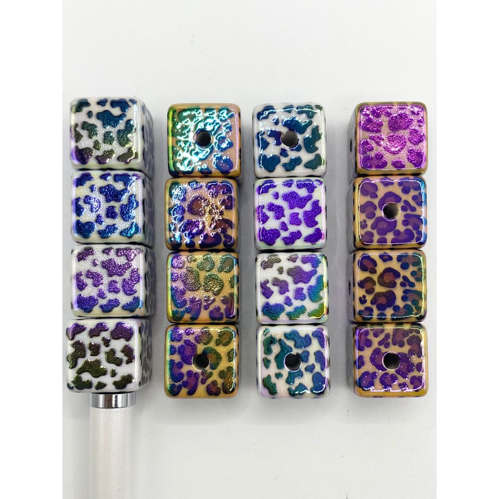 Glossy Cow Printed Cube & Square Acrylic Beads With UV Finish ,16mm,Random Mix,SJ