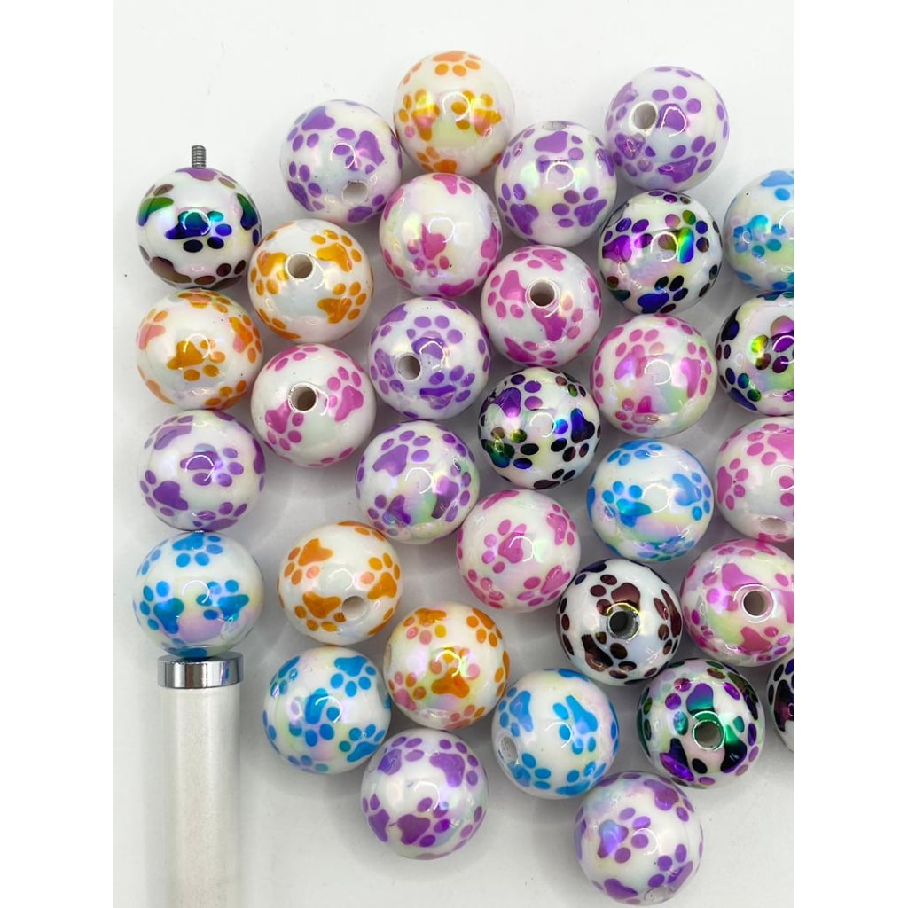 Makintab na Acrylic Beads na May Naka-print na Paw ng Aso at Pusa ,16mm,Random Mix ,DK