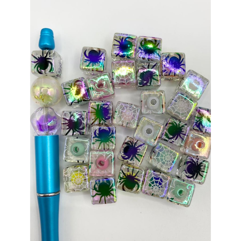 Double Clear See-Thru Acrylic Cube at Square Beads With Halloween Spider & Web Printed ,12mm,Random MixDK