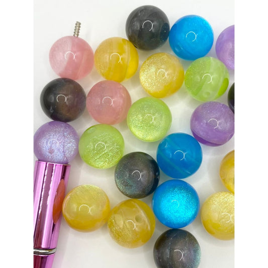 Double Blue Glitter Glossy Acrylic Beads na may Luminious Strip sa Gitna ,16mm,Random Mix ,YH