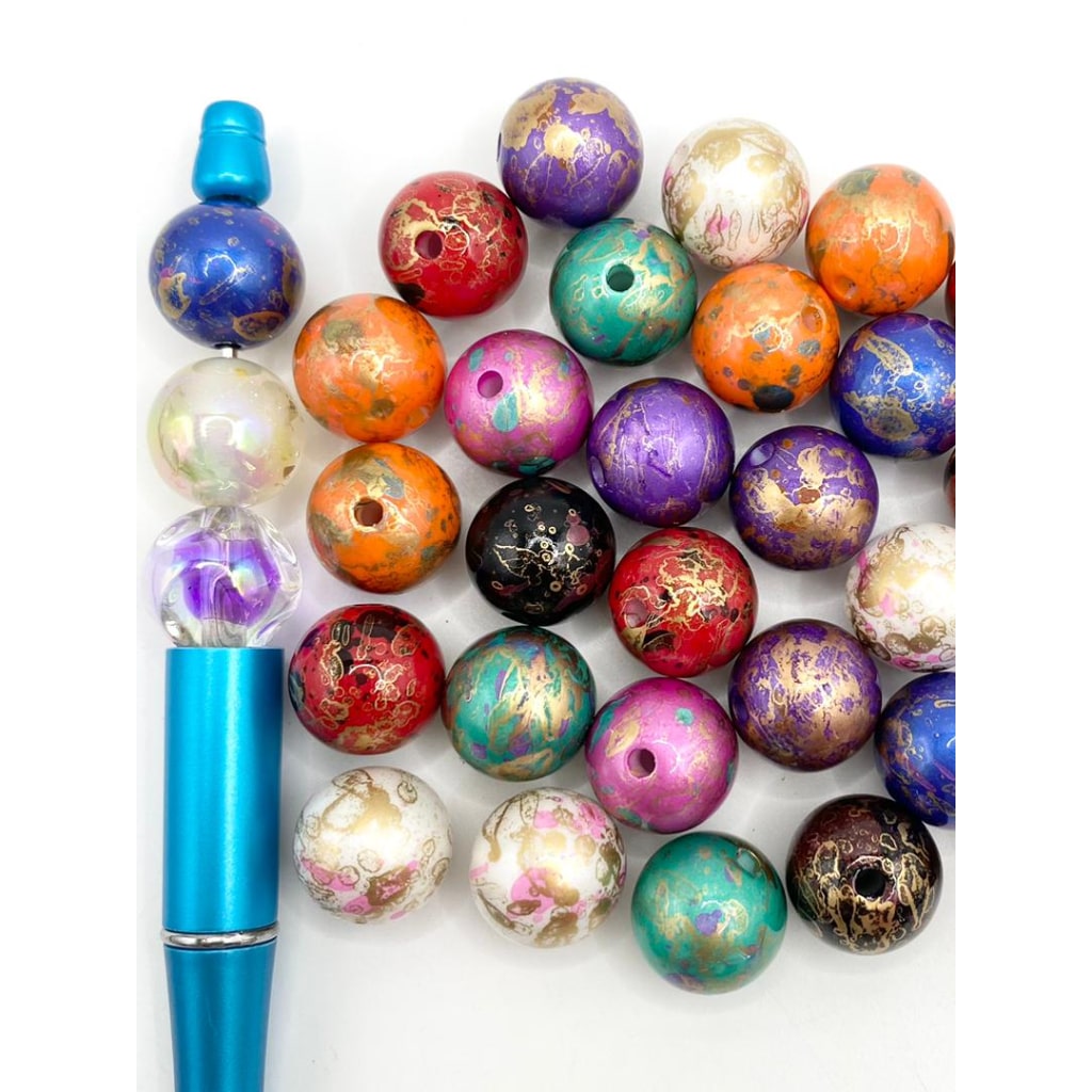 Mga Elegant na Acrylic Beads na May Splatter Spatter Paint Spot at Gold Stuff Printed at Oil Painting ,16mm,Random Mix,DK