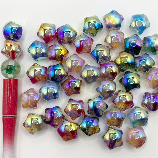 Glossy Clear See Thru Star Shaped Acrylic Beads na May UV Finish at Silver Confetti sa Loob,16mm by 17mm,Random Mix,XX