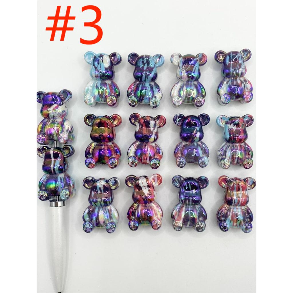 Acrylic Bear Shaped Beads with Marble Pattern in Various Colors, Random Mix