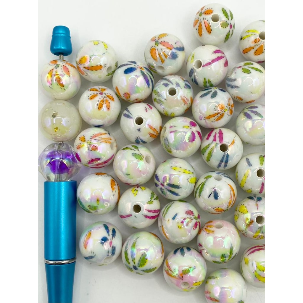 UV Glossy Acrylic Beads na May Multicolor Leaf Printed ,16mm,DK