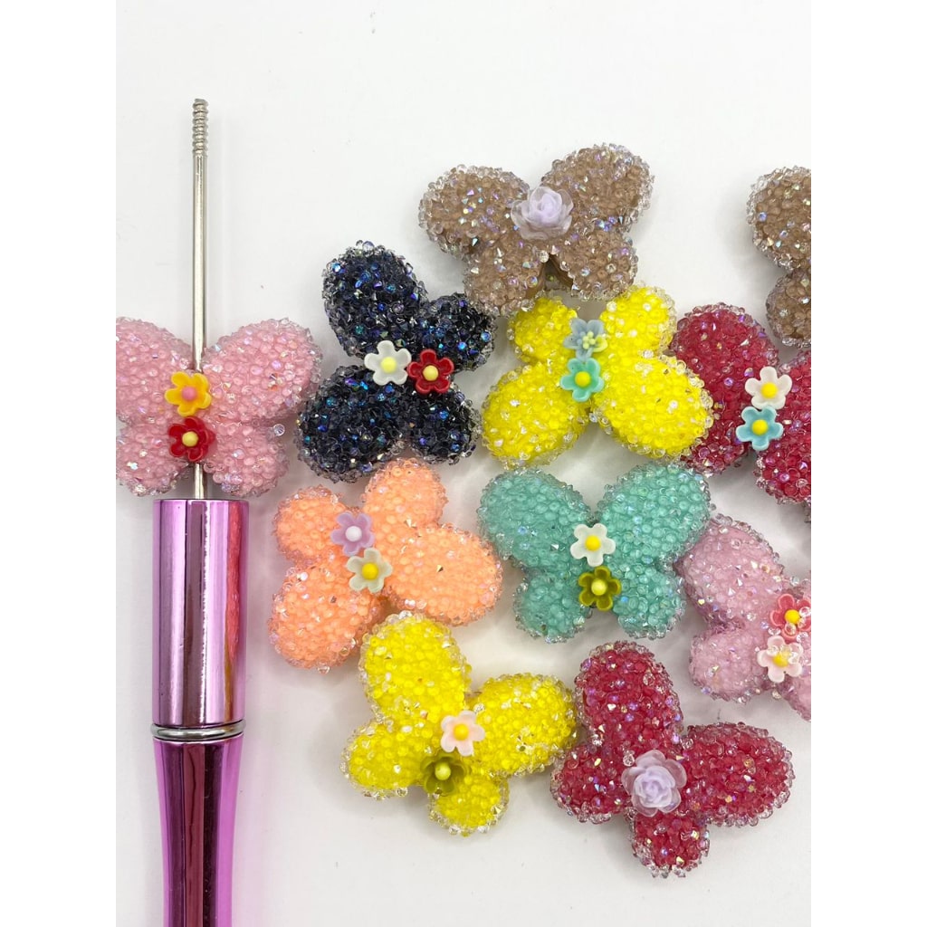 Sugar Colorful Butterfly na may Bulaklak sa Gitna at AB rhinestone,23mm,Random Mix,ZJ