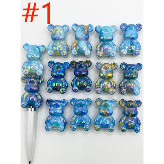 Acrylic Bear Shaped Beads with Marble Pattern in Various Colors, Random Mix