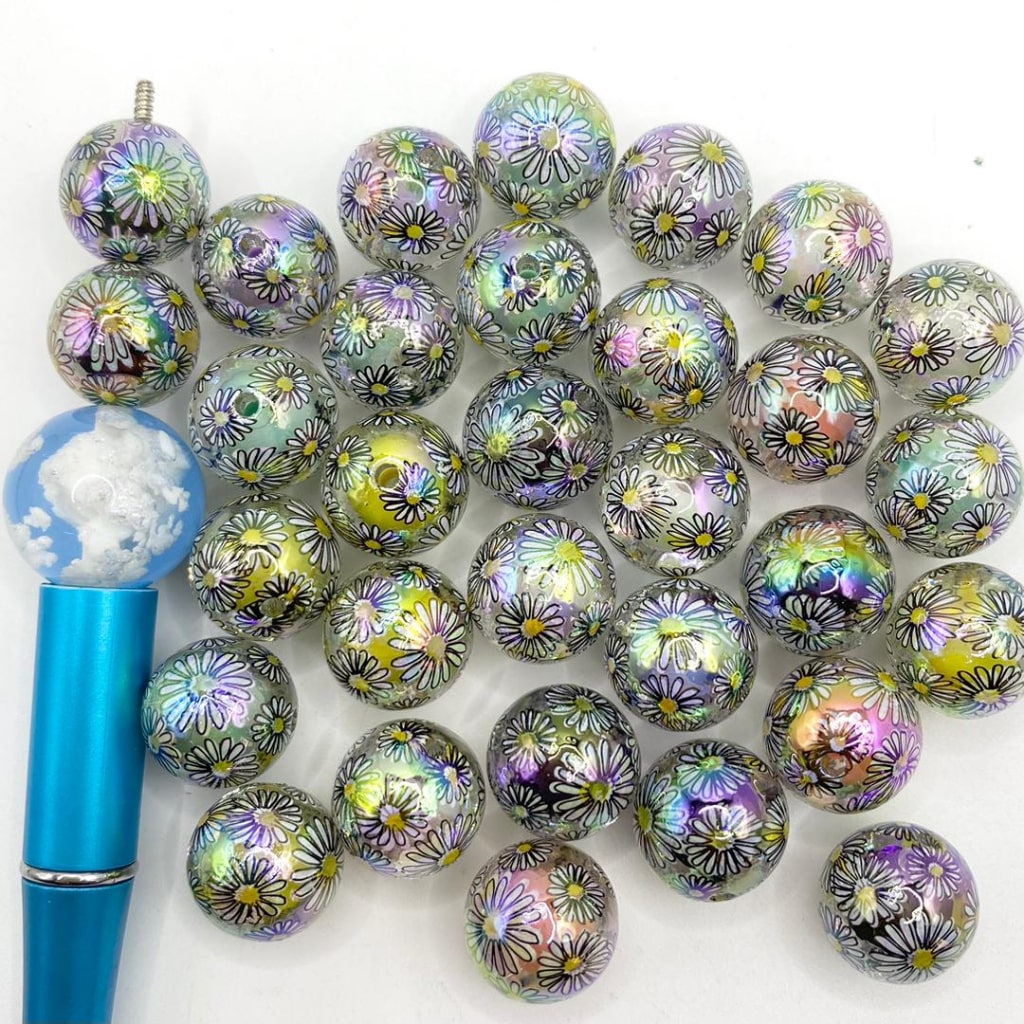 Black Double Layer Daisy Acrylic Beads With UV Finish ,16mm,Random Mix,SJ