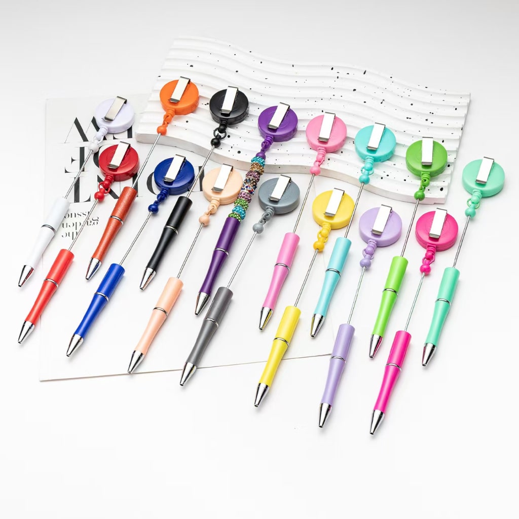 Beadable Plastic Pens with Spinning Back Badge Reels, 192MM,Random Mix