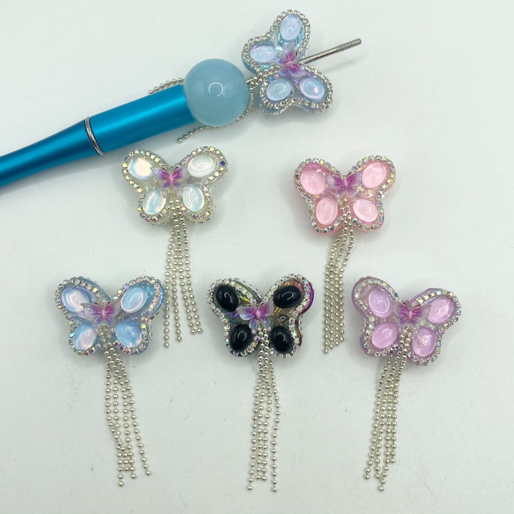 Fancy Butterfly Shaped Acrylic Beads With Butterfly & Crystal & Chains & AB Rhinestone,21mm by 30mm,Random Mix,JD