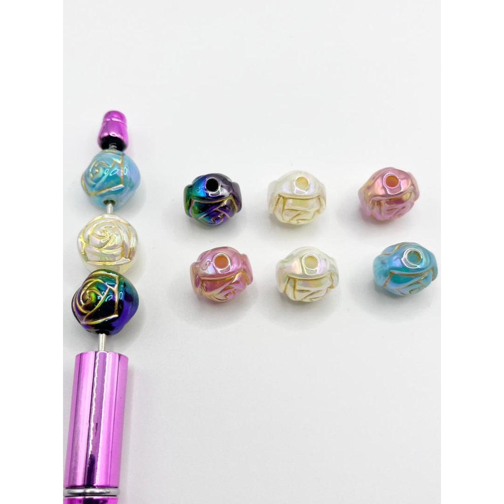 UV Glossy Acrylic Beads with Rose Flower in Gold Stripe,16mm,Random Mix,YY