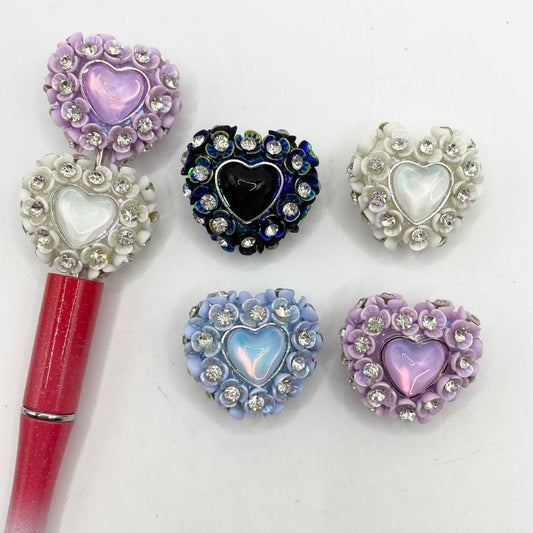 Fancy Clay Heart beads With Rhinestone Flower and Crystal in the middle ,26mm by 29mm ,Random Mix