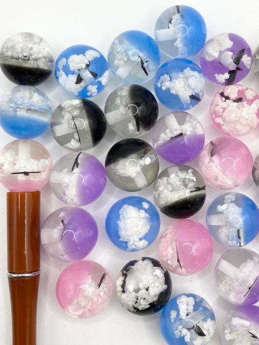 Clear See-Thru Ombre Acrylic Beads With Clouds & Black Birds inside ,20mm,Random Mix