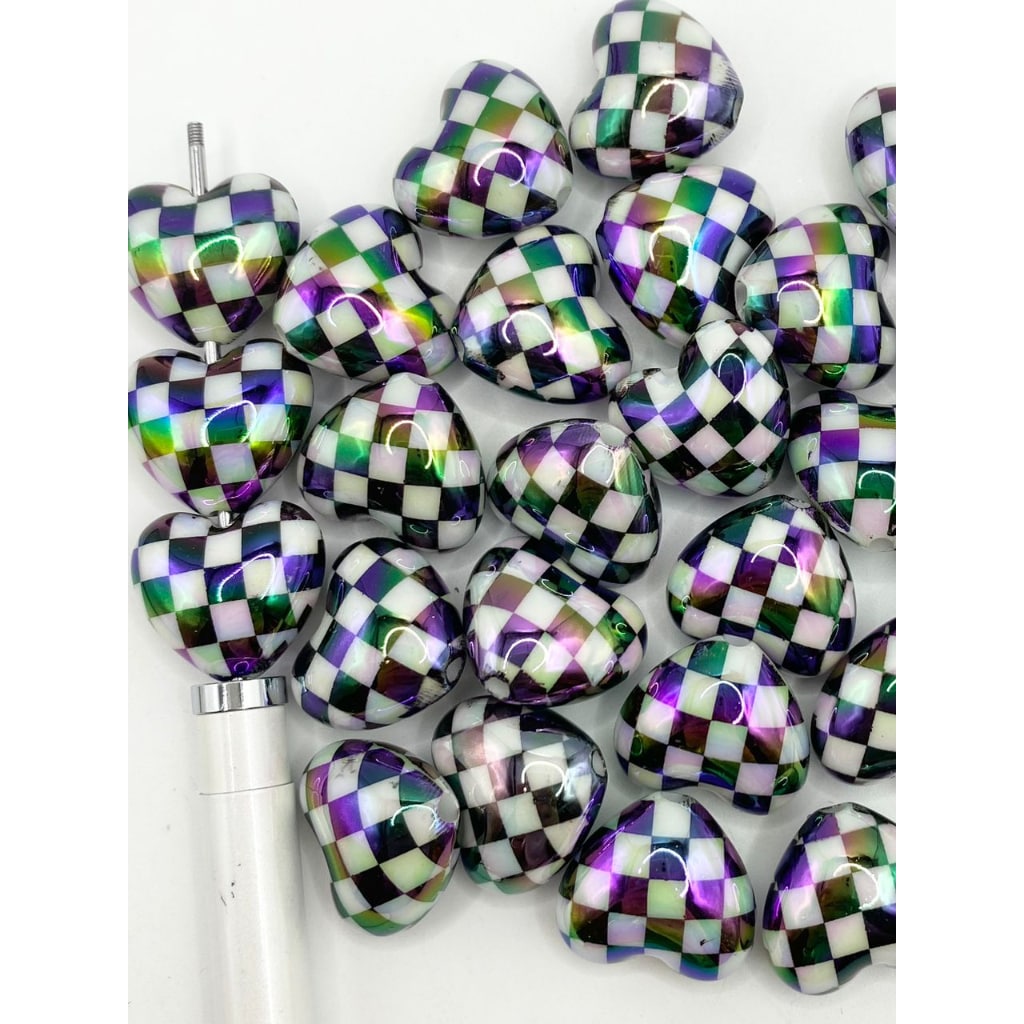 Glossy Black Checkerboard Pattern Heart Shaped Acrylic Beads with UV Finish ,20mm by 22mm,WQ