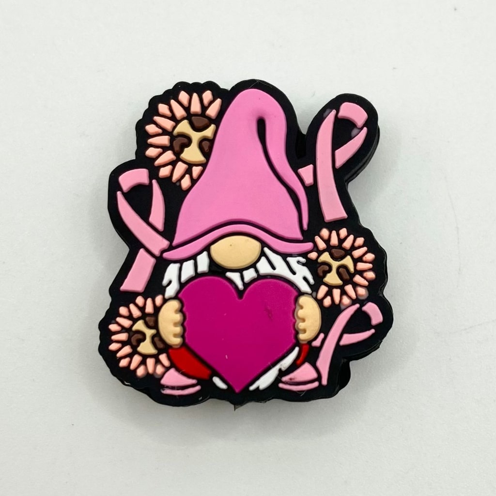 Ribbon and Gnome Holding Pink Heart For Cancer Awareness Silicone Focal Beads