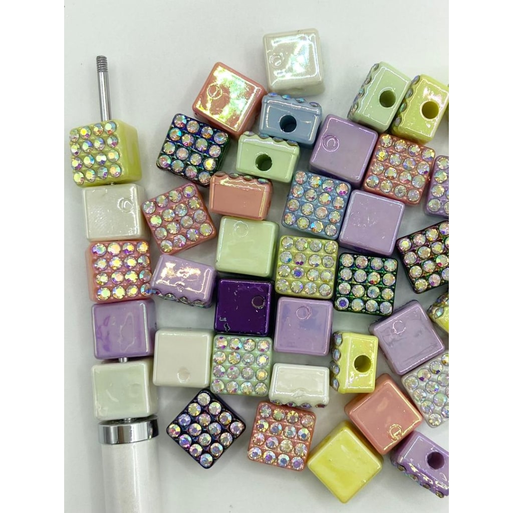 Small Cube & Square Acrylic Beads With AB Rhinestone ,11mm