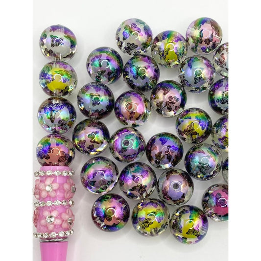 Clear & Black See-Thru Double Layer Acrylic Beads With Butterfly Printed ,16mm,Random Mix