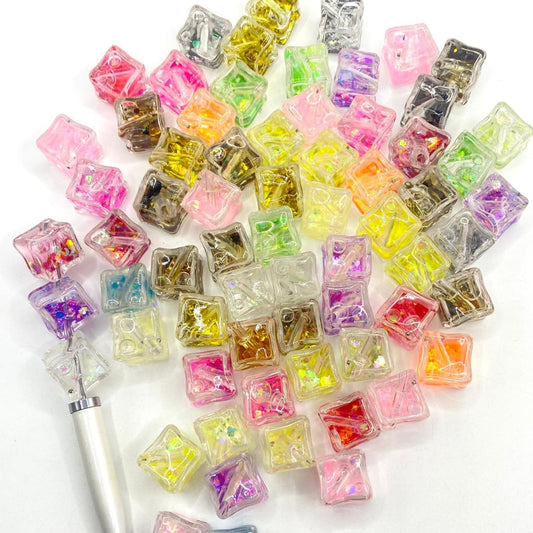 Cube at Square Acrylic Beads na May Water Confetti ,20mm, Random Mix