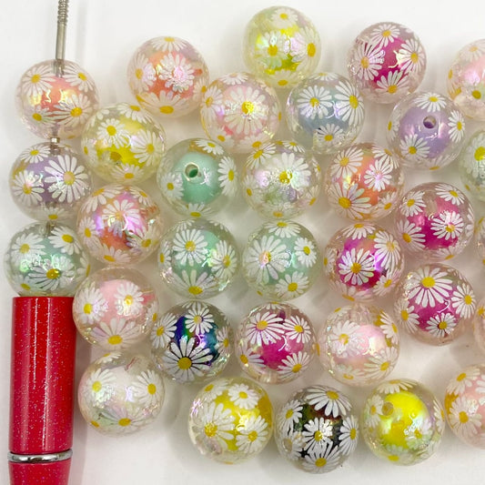 Daisy Flower Printed Acrylic Beads ,16mm,Random Mix ,SB & DK