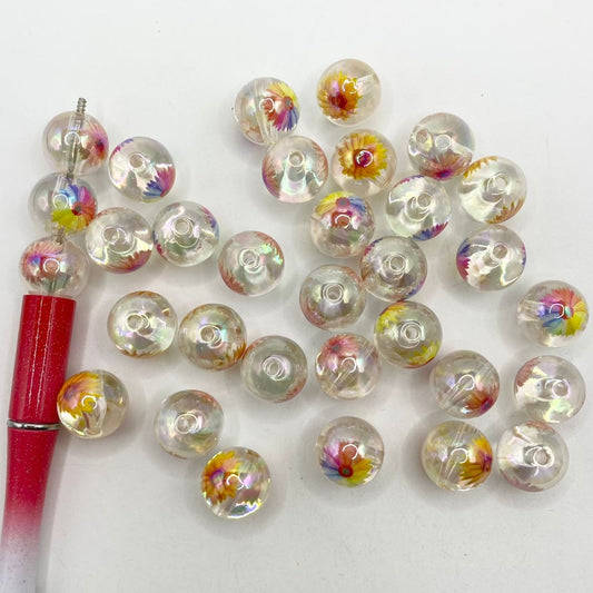 Clear See-Thru Sunflower Printed Acrylic Beads With UV Finish ,16mm,Random Mix