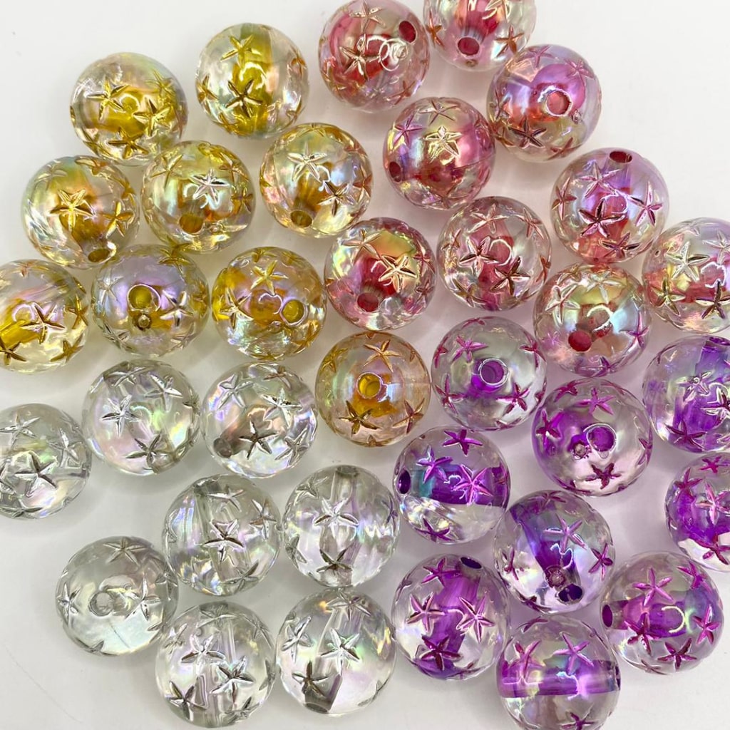 Glossy Translucent Double Layer Acrylic Beads With Star in the Surface & UV Finish ,16mm,Random Mix