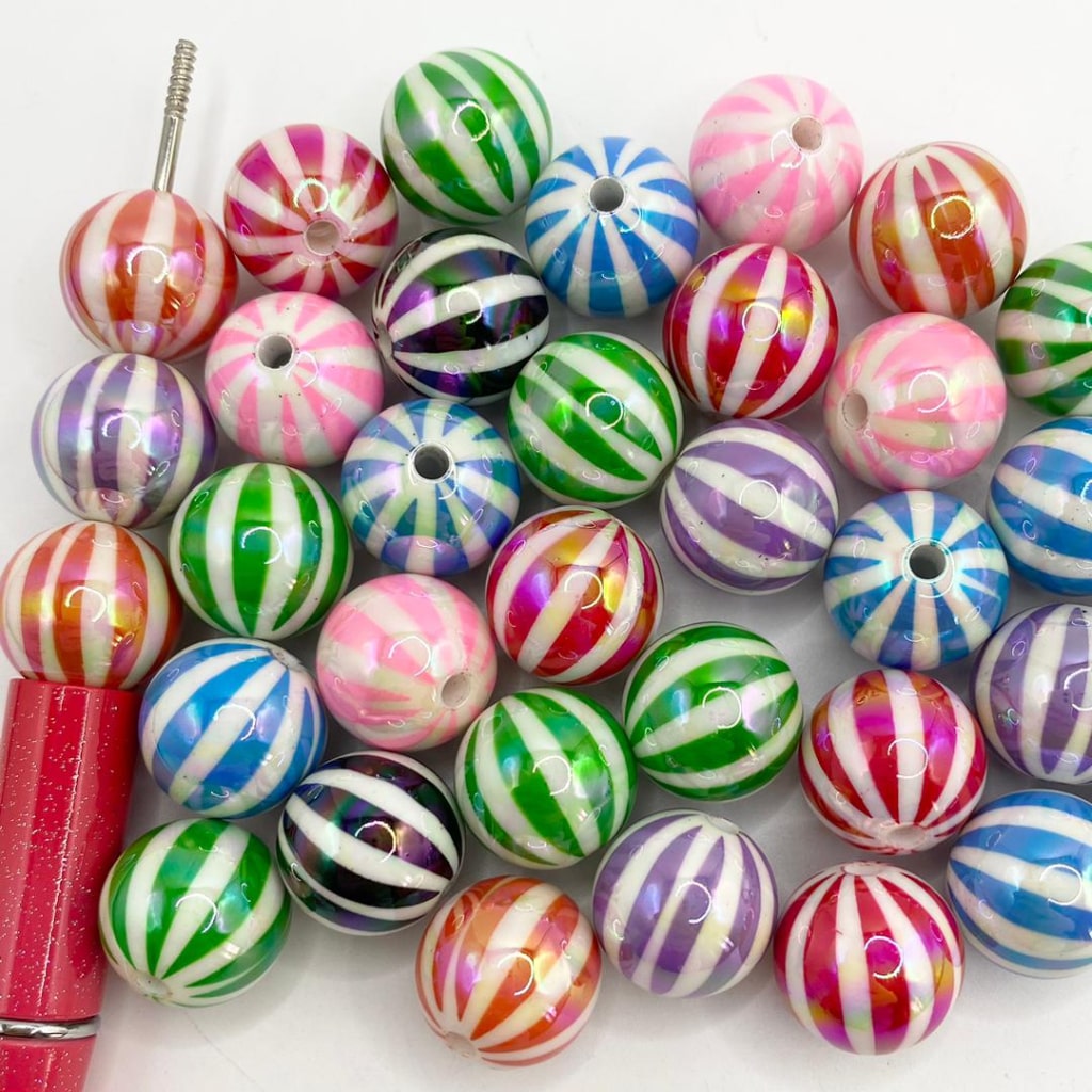 Glossy Watermelon Stripe Acrylic Beads With UV Finish,16mm,Random Mix